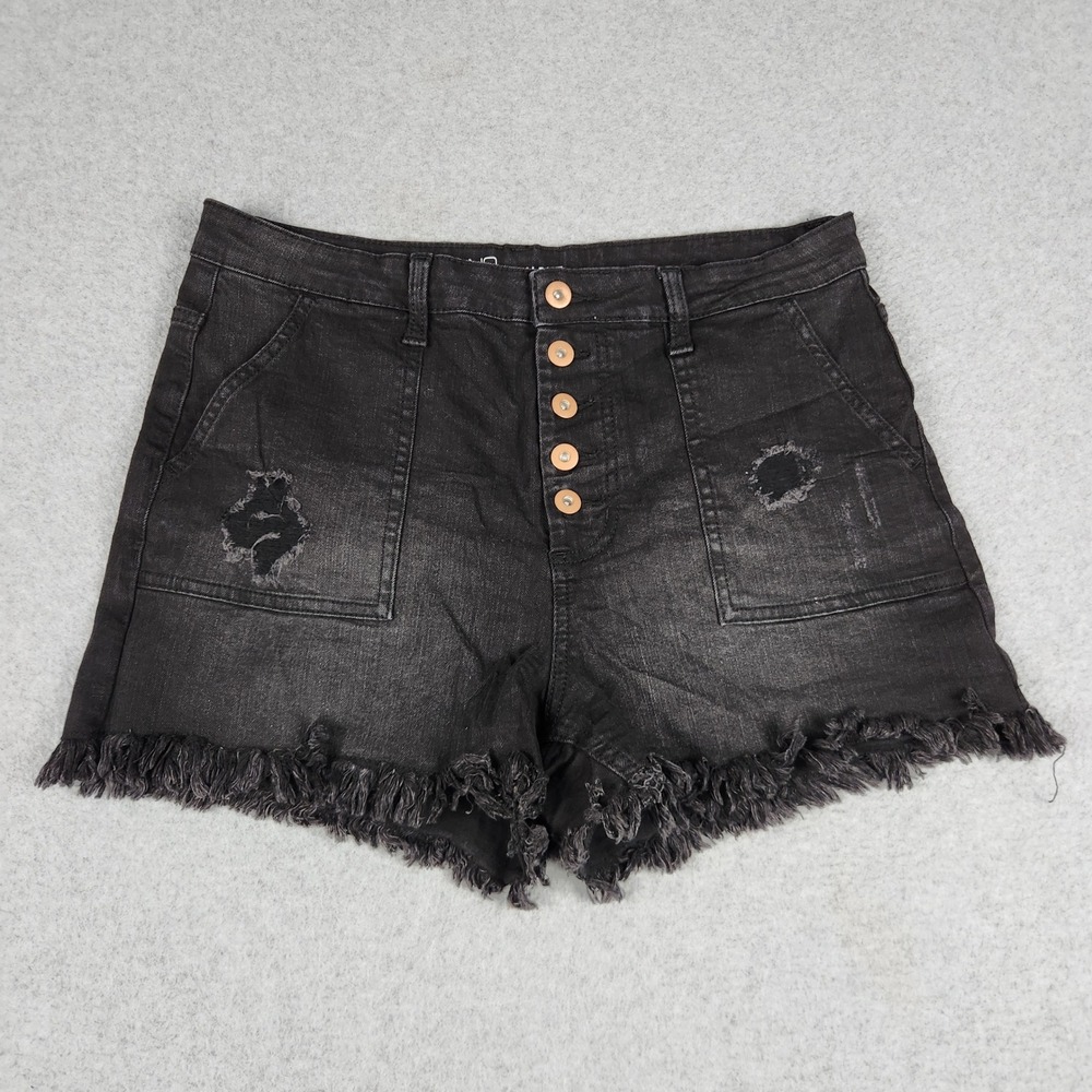 No Boundaries Denim Shorts Women 15 Black High Rise Button Fly Distressed Frayed
